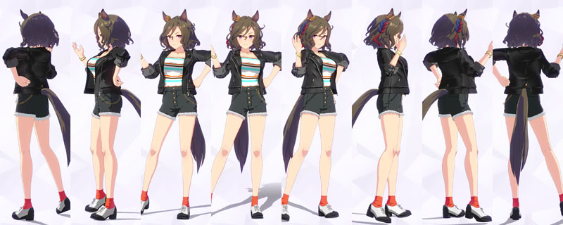 タップダンスシチーの私服、ストライプのインナー、黒のレザージャケット、裾がフリンジのショートパンツ、朱色のソックスにタップシューズ