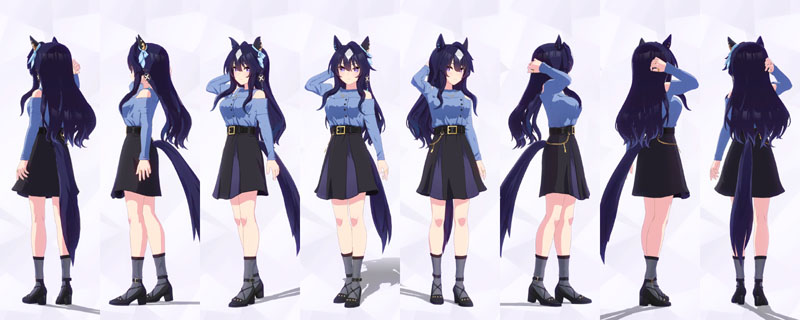 ヴィルシーナの私服、青のノースリーブトップスにオフショルダーのレイヤード、濃い青のツータックに黒地のミニフレアスカート、黒のベルトに金のチェーン、グレーのソックスにクロスアンクルストラップのヒールパンプス