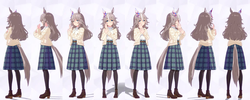 ワンダーアキュートの私服、白のブラウスにクリーム色のニットカーディガン、緑と青のチェック柄のスカートに茶色のベルト、濃い茶色のストッキングに茶色のレースアップブーツ、花柄のペンダント