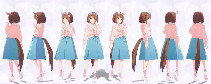 ユキノビジンの私服、白のフリルブラウスに淡いベージュのインナーとピンク色のニットカーディガン、水色のウエストリボンスカート、ピンク色のソックスに白のメリージェーン