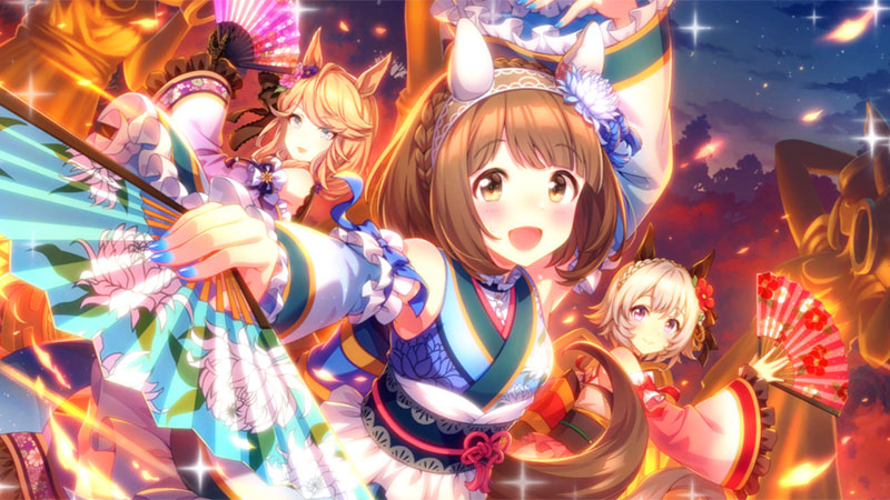 ストーリーイベント「晩秋、囃子響きたる」より舞を披露しているユキノビジン、ゴールドシチーとカレンチャン
