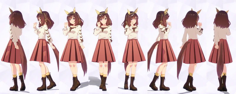 ブエナビスタの私服、茶色のインナーにリボンが付いたクリーム色のトップス、赤茶色のプリーツスカート、黄色のソックスに茶色のレースアップブーツ