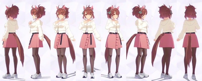 ダンツフレームの私服、白のインナーに白のパーカー、ピンクのラッフルミニスカート、濃いピンクのタイツに明るいグレーのスニーカー