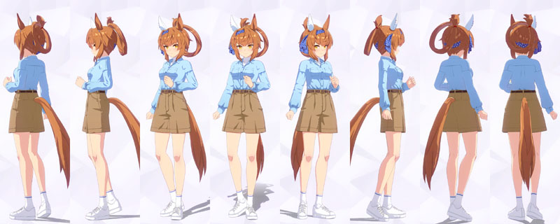 フリオーソの私服、白のハイネックのインナーに水色のデニムのトップス、淡い茶色のショートパンツに茶色のベルト、白のソックスに白のスニーカー