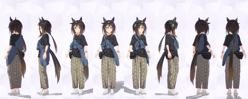 ステイゴールドの私服、黒のシャツに着ていないジャケットを肩から回して前結び、カーキ色のイージーパンツ、黒のウエストポーチ、素足に白で汚れたスリッポン、左手に腕時計とミサンガ、右手にブレスレット