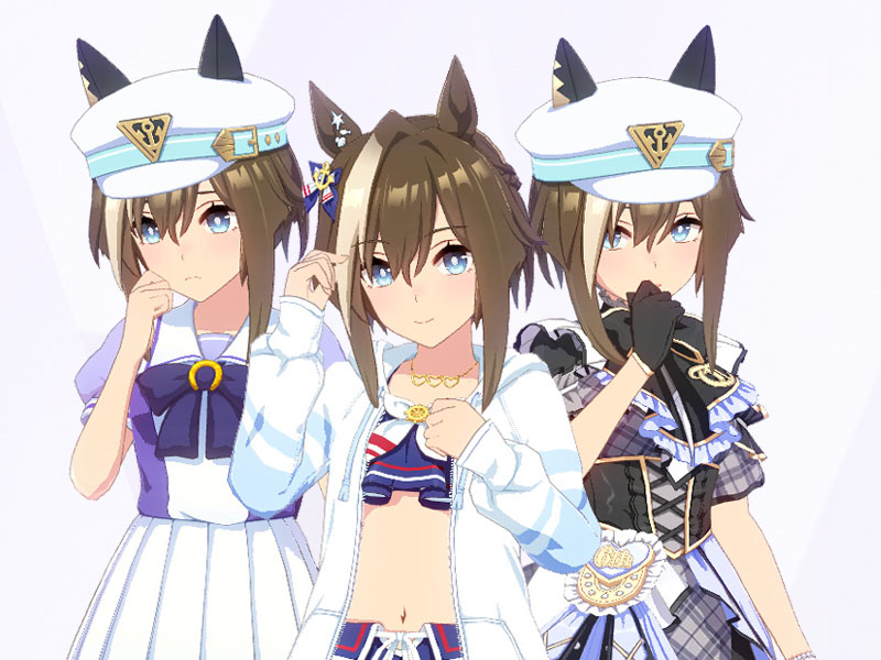 シュヴァルグラン（勝負服夏凪ネイビードロップとTrailblazer Bash!、トレセン学園制服の三種類の衣装）