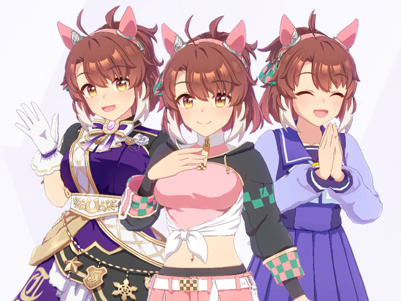 ダンツフレーム(勝負服まんなか◎スポットライトとGate of Infinity、トレセン学園制服の三種類の衣装)