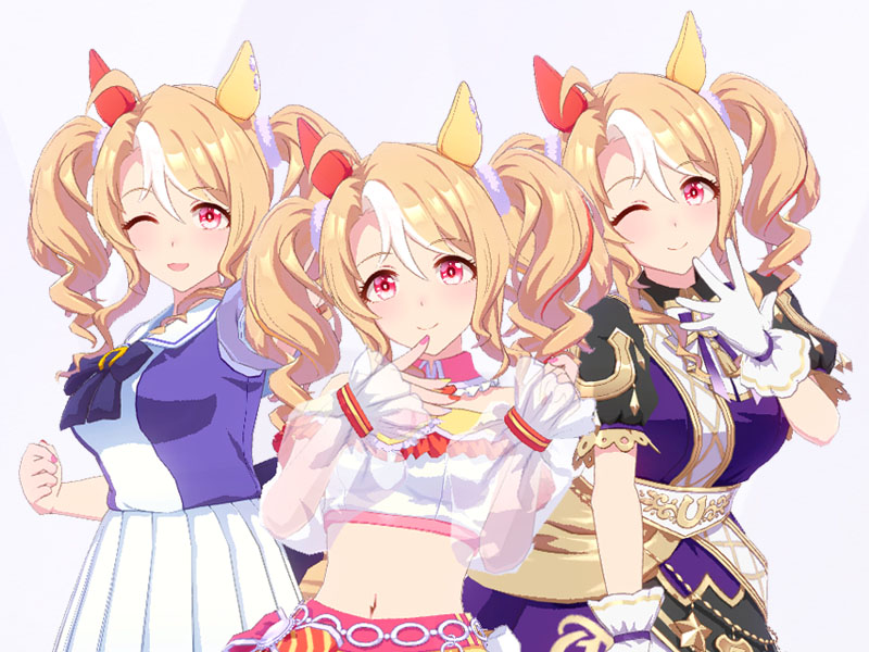 フサイチパンドラ（勝負服Assorted Cuteness♡とGate of Infinity、トレセン学園制服の三種類の衣装）