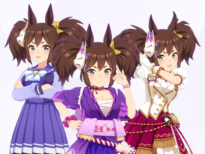 イナリワン（勝負服稲荷所縁江戸紫とRoad of Radiance、トレセン学園制服の三種類の衣装）