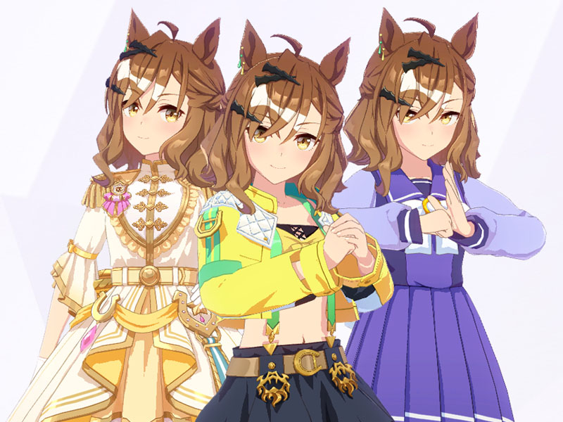 ジャングルポケット（勝負服王者の喊声とRoad of Radiance、トレセン学園制服の三種類の衣装）