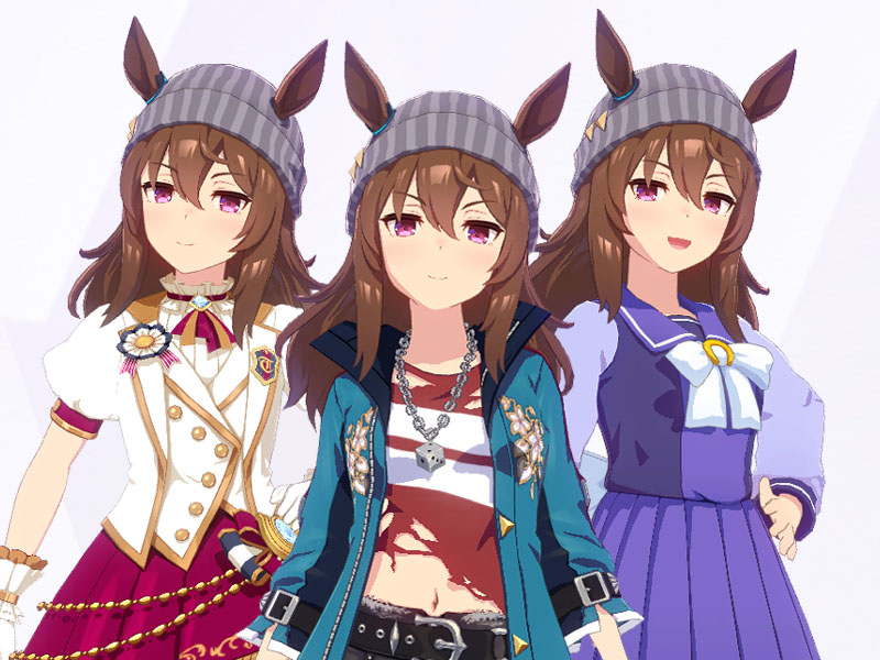 ナカヤマフェスタ（勝負服死中求活とニュースターズ・ロゼ、トレセン学園制服の三種類の衣装）