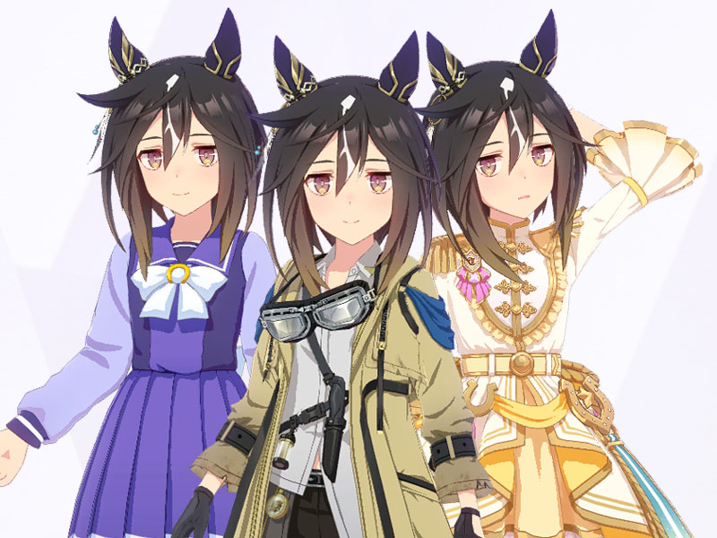 ステイゴールド（勝負服Sunlit OutsiderとRoad of Radiance、トレセン学園制服の三種類の衣装）