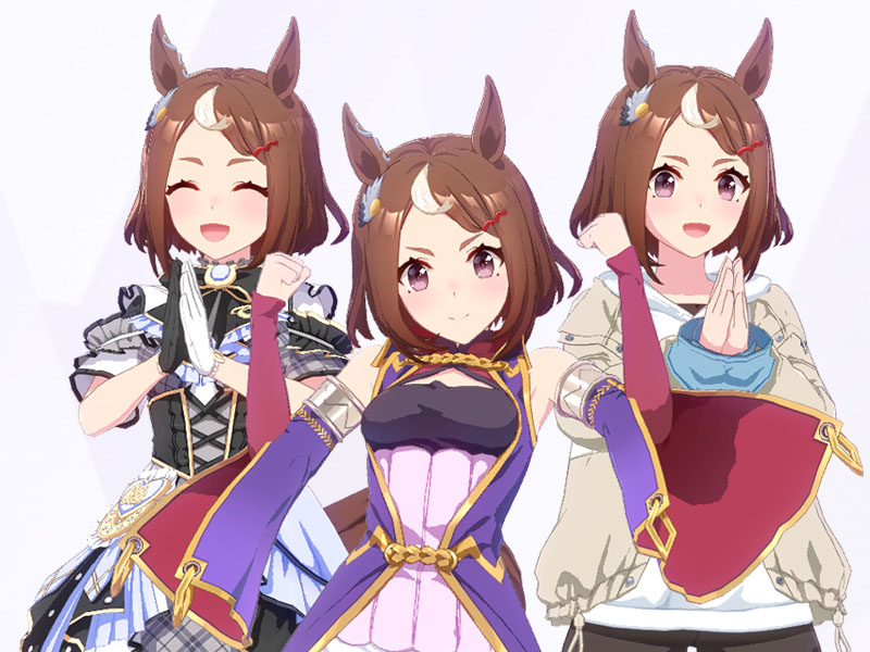 ツルマルツヨシ（勝負服志、高し、強し！とTrailblazer Bash!、トレセン学園制服の三種類の衣装）