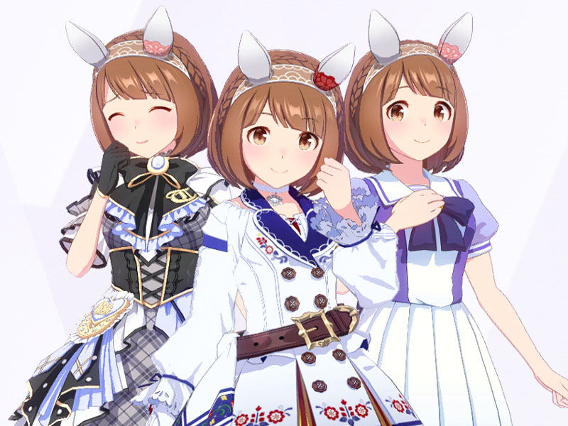 ユキノビジン（勝負服めんこいめんこいむつのはなとTrailblazer Bash!、トレセン学園制服の三種類の衣装）
