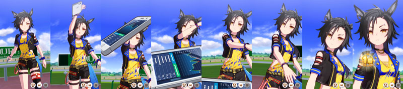エアシャカールの1着（勝利）演出、スマホをトレーナーめがけて放り投げてからの無表情に近い顔のアップ