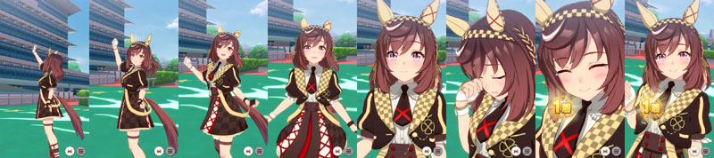 ブエナビスタの1着（勝利）演出、スタンドに向かって手を振ってからトレーナーに近づいて笑顔で涙ぐむモーション