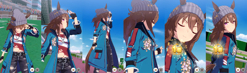 ナカヤマフェスタの1着（勝利）演出（G2以下）、ウイナーズサークルからコースを見てから振り返るモーション