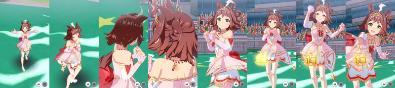 メルヘンクラフト(勝負服違いのラインクラフト)の1着(勝利)演出、カメラがウイナーズサークルのクラフトをぐるっと一周してからの決めポーズ