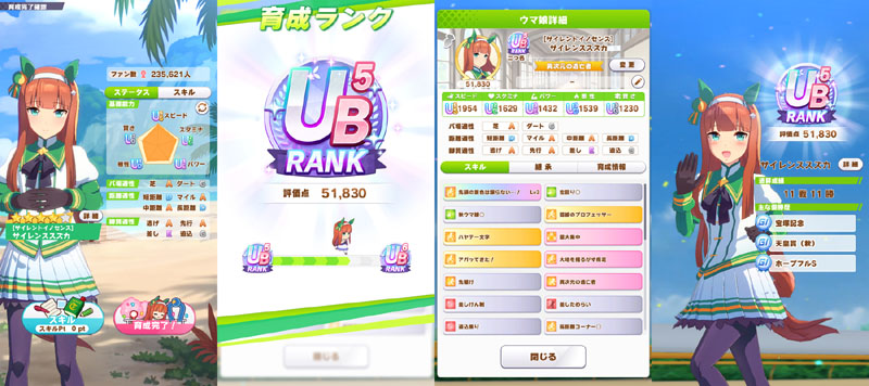 ランクUB5のサイレンススズカ、最後までおまかせで育成した結果、評価点優先でスキル取得
