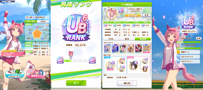 ランクUB6のハルウララ、基本的におまかせ育成で進めて部分的にマニュアル育成に切り替え、評価点優先でスキル取得