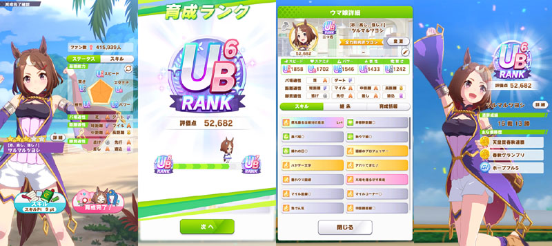 ランクUB6のツルマルツヨシ、シニア後半まではおまかせ育成、評価点優先でスキル取得