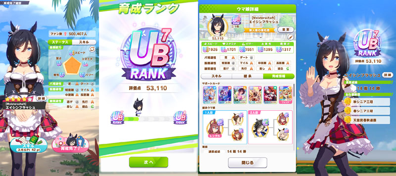 ランクUB7のエイシンフラッシュ、シニア夏合宿まではおまかせ育成、評価点優先でスキル取得