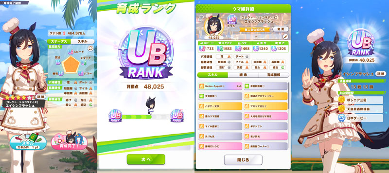 ランクUBのショコラティエ(パティシエ)エイシンフラッシュ、シニア後半まではおまかせ育成、評価点優先でスキル取得