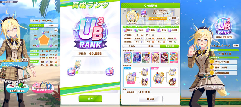 ランクUB3のお月見ユニ（勝負服違いのネオユニヴァース）、シニア後半まではおまかせ育成、評価点優先でスキル取得