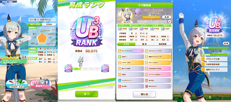 ランクUB3のドロワスカイ(勝負服違いのセイウンスカイ)、最後までおまかせ育成、評価点優先でスキル取得