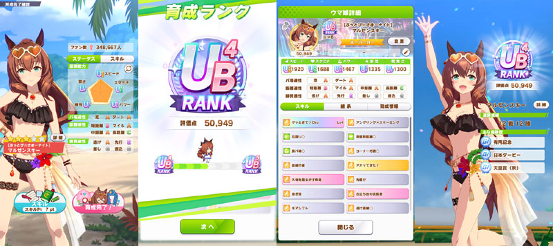 ランクUB4の水着マルゼンスキー、シニア夏合宿まではおまかせ育成、評価点優先でスキル取得
