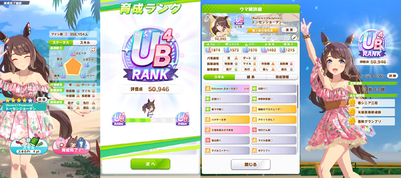 ランクUB4のバカンスジョーダン(勝負服違いのトーセンジョーダン)、シニア後半まではおまかせ育成、評価点優先でスキル取得