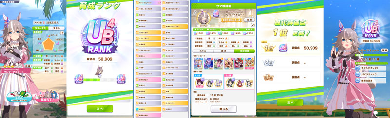 ランクUB4のワンダーアキュート、初回育成結果、スキルヒントが少なかったため緑スキルが多い