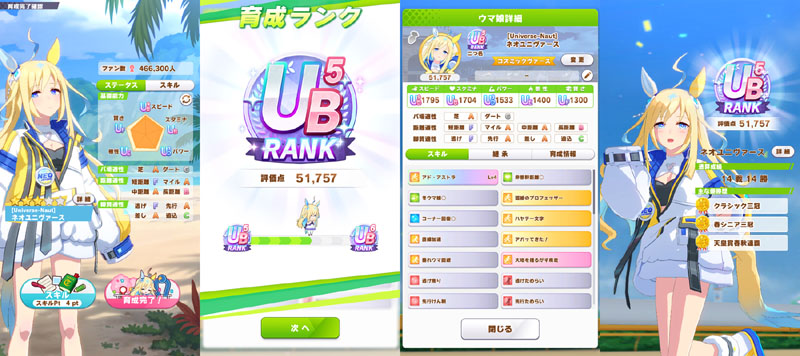 ランクUB5のネオユニヴァース、シニア夏合宿まではおまかせ育成、評価点優先でスキル取得