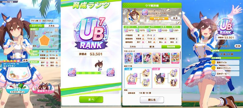 ランクUB7のヒシアケボノ、シニア後半まではおまかせ育成、評価点優先でスキル取得