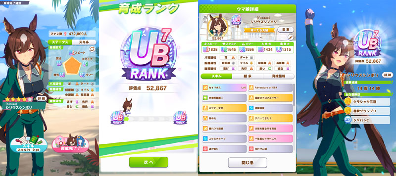 ランクUB7のシリウスシンボリ、シニア後半まではおまかせ育成、評価点優先でスキル取得
