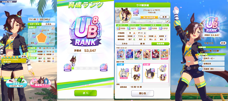 ランクUB8のウオッカ、基本的におまかせ育成で部分的にマニュアル育成に切り替え、評価点優先でスキル取得