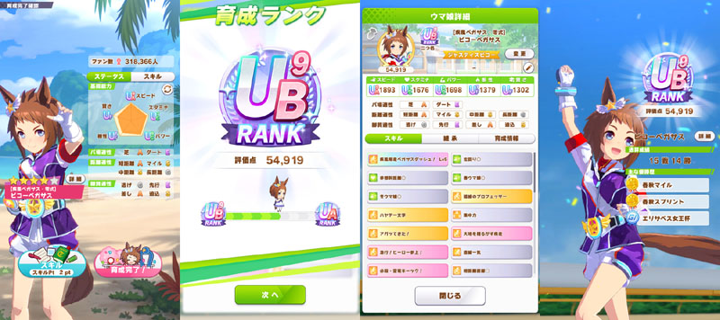 ランクUB9のビコーペガサス、シニア夏合宿まではおまかせ育成、評価点優先でスキル取得