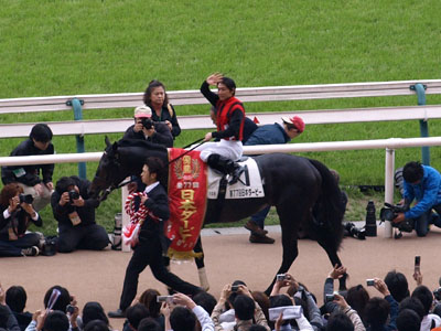 第77回日本ダービーの優勝レイを纏ったエイシンフラッシュと内田博幸騎手