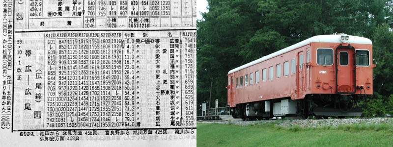 1964年10月当時の北海道の広尾線の時刻表（復刻版）と幸福駅のキハ22