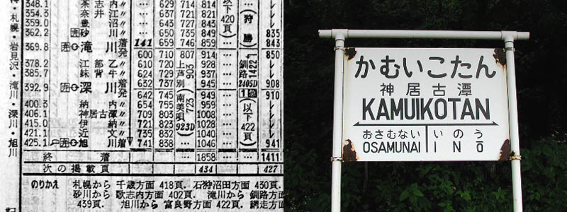 神居古潭駅が存在した1964年の函館本線の時刻表と駅の看板