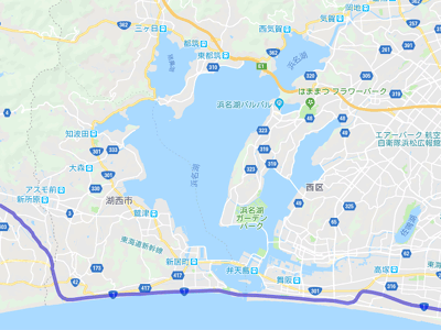 太平洋岸沿いに浜名湖の南側を走る国道１号線の地図