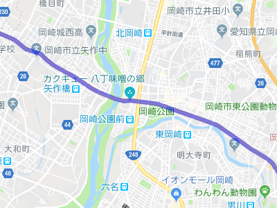 岡崎市内を横切る国道１号線の地図
