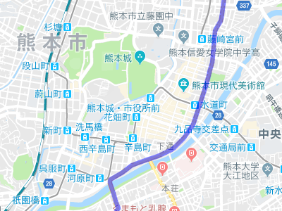 熊本市街地を南北に走る国道３号線の地図