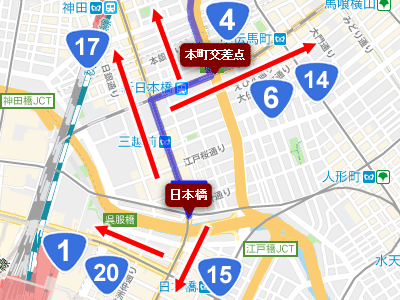 日本橋を起点に北へ伸びる国道４号、６号、14号、16号と南へ伸びる国道１号、15号、20号の地図