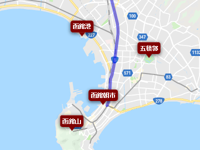 函館周辺の国道５号線沿いにある観光名所の地図