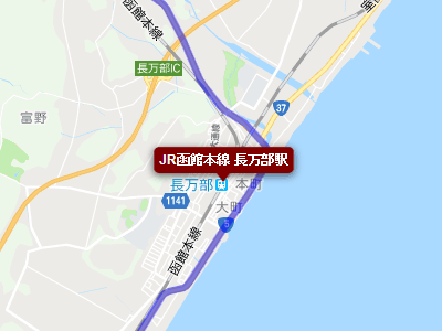 国道５号線と国道37号線の分岐点に位置するJR函館本線と室蘭本線の長万部駅の地図
