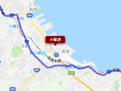 国道５号線と小樽港の地図
