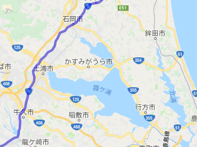 国道６号線と茨城県の霞ヶ浦の地図