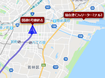 仙台市内の国道６号線の終点と仙台港フェリーターミナルの地図