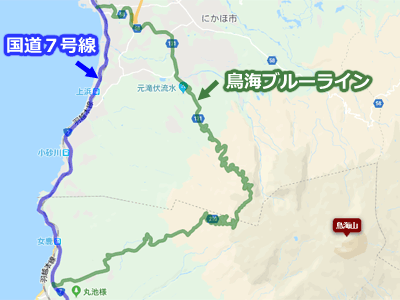 国道７号線と鳥海山へと続く鳥海ブルーラインの地図